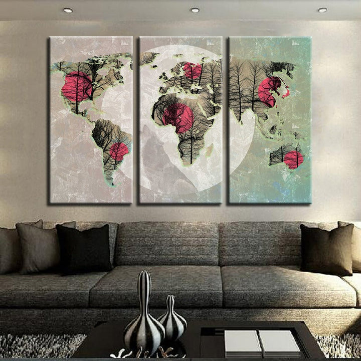 Beautiful Abstract Pink Sun World Map-Canvas Wall Art Painting 3 Pieces | Bowlift