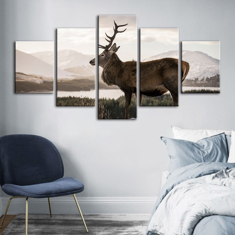 5 Piece Somber Winter Deer - Canvas Wall Art Painting | Bowlift