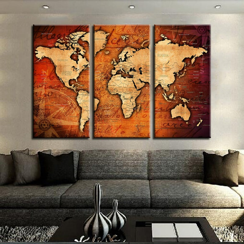 Brown & Red Rustic World Map-Canvas Wall Art Painting 3 Pieces | Bowlift