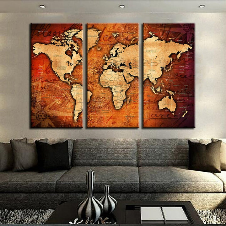 Brown & Red Rustic World Map-Canvas Wall Art Painting 3 Pieces | Bowlift