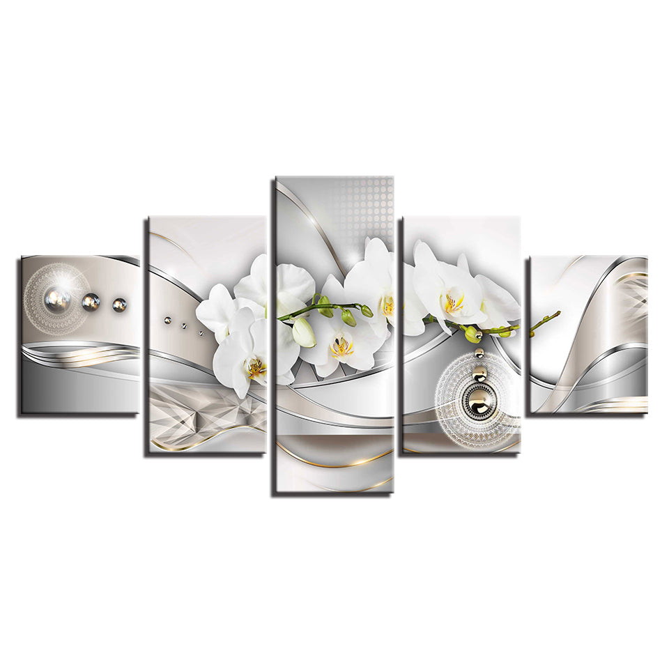 White Orchids And Metal Beads 5 Piece - Canvas Wall Art Painting | Bowlift