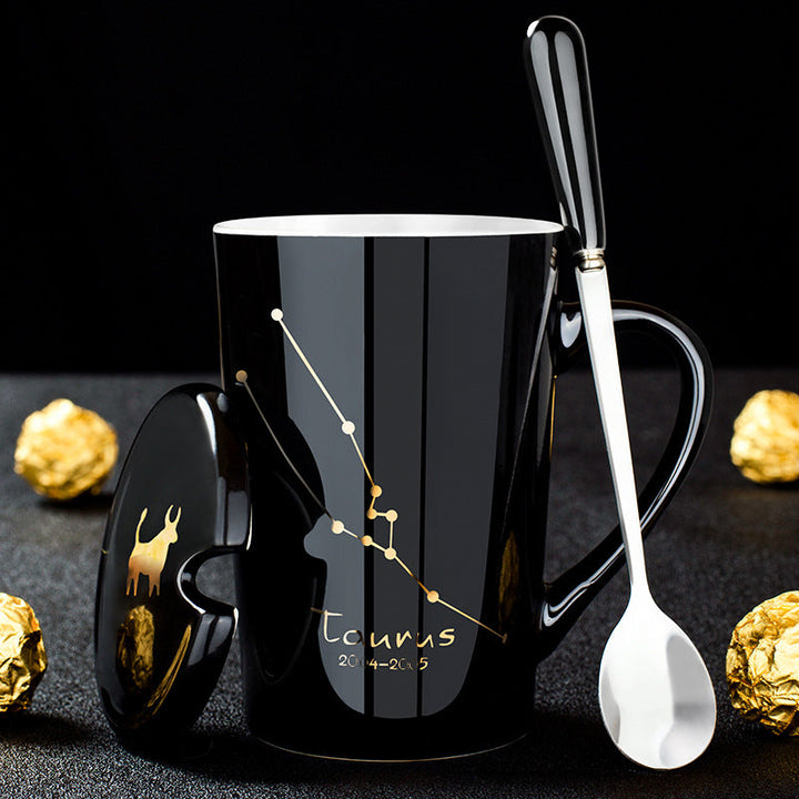 12 Constellations Black Ceramic Mug with Lid Spoon | Bowlift
