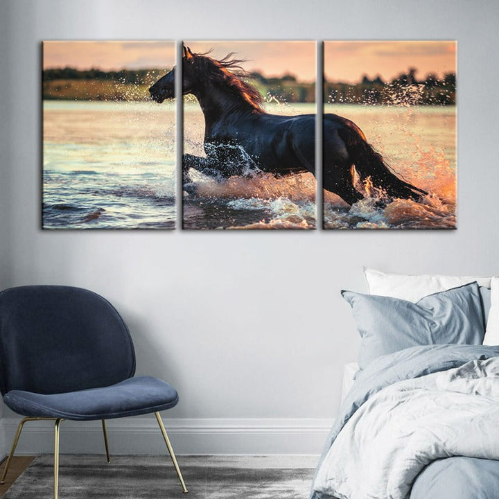 Running Horse In Water-Canvas Wall Art Painting 3 Pieces | Bowlift