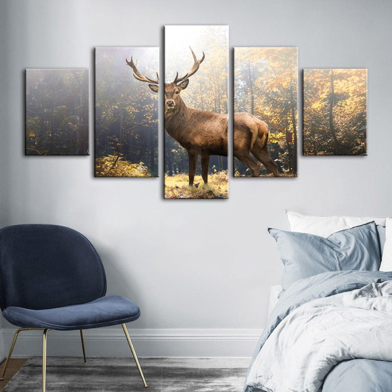 5 Piece Majestic Deer In The Woods - Canvas Wall Art Painting | Bowlift