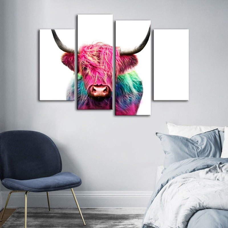 4 Piece Colorful Pink Cow - Canvas Wall Art Painting | Bowlift