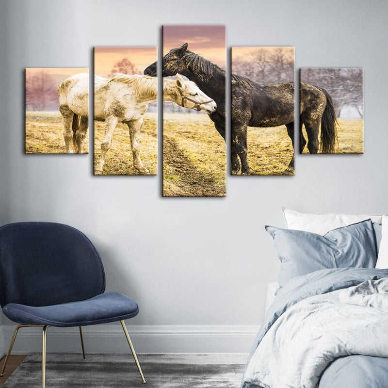 5 Piece Black & White Horses - Canvas Wall Art Painting | Bowlift
