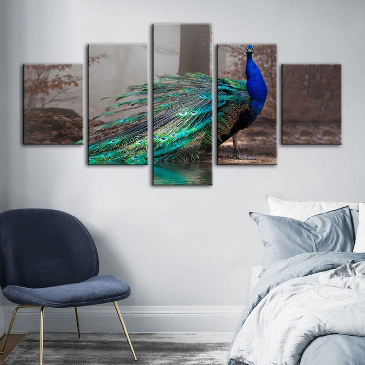 5 Piece Vivid Peacock by the Pond - Canvas Wall Art Painting | Bowlift