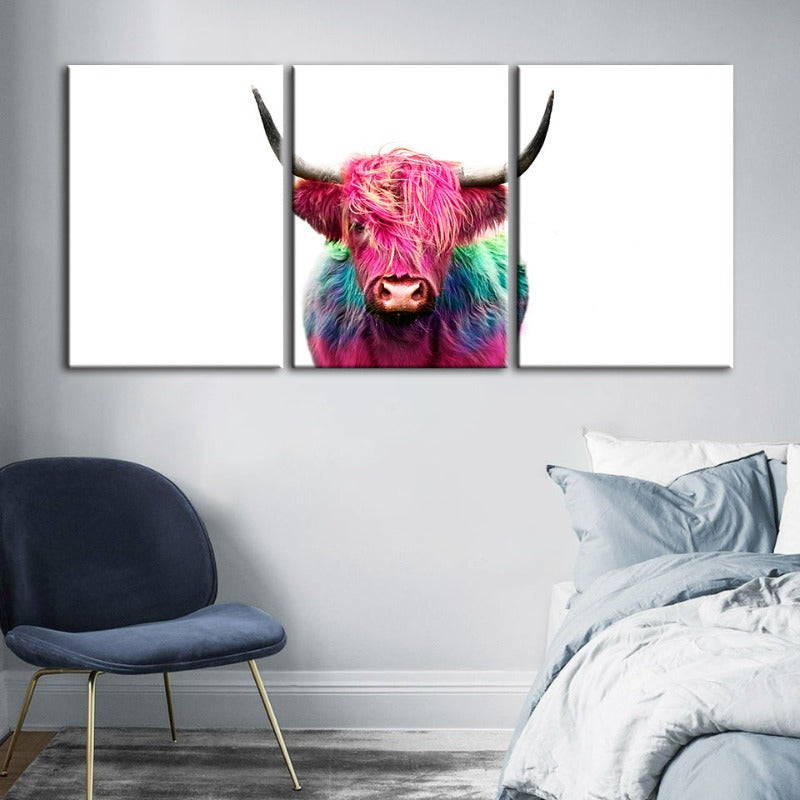 Colorful Pink Cow-Canvas Wall Art Painting 3 Pieces | Bowlift
