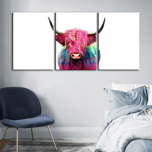 Colorful Pink Cow-Canvas Wall Art Painting 3 Pieces | Bowlift