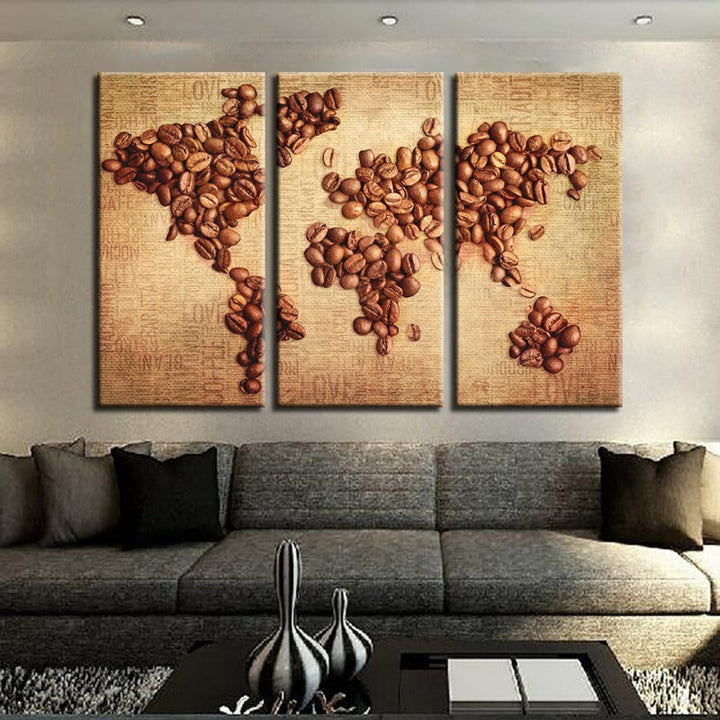 Beautiful Abstract Coffee Beans World Map - Canvas Wall Art Painting 3 Pieces | Bowlift