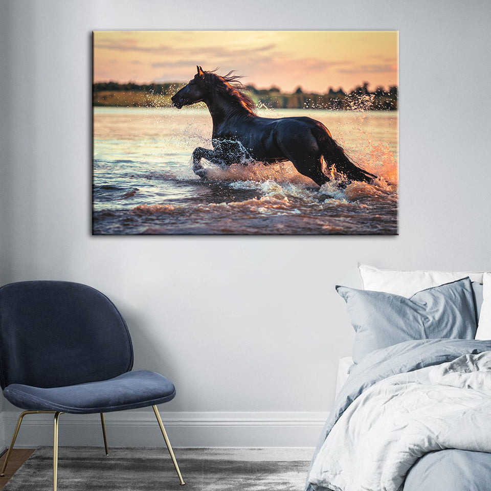 Running Horse in Water- Canvas Wall Art Painting | Bowlift