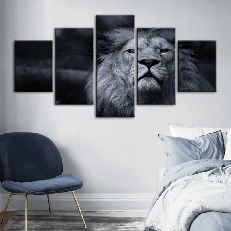 5 Piece Grayscale Concerned Lion - Canvas Wall Art Painting | Bowlift