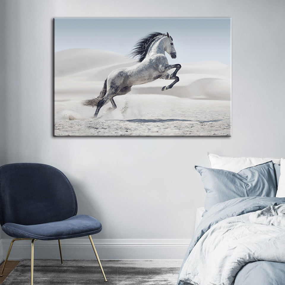 Jumping White Horse - Canvas Wall Art Painting | Bowlift