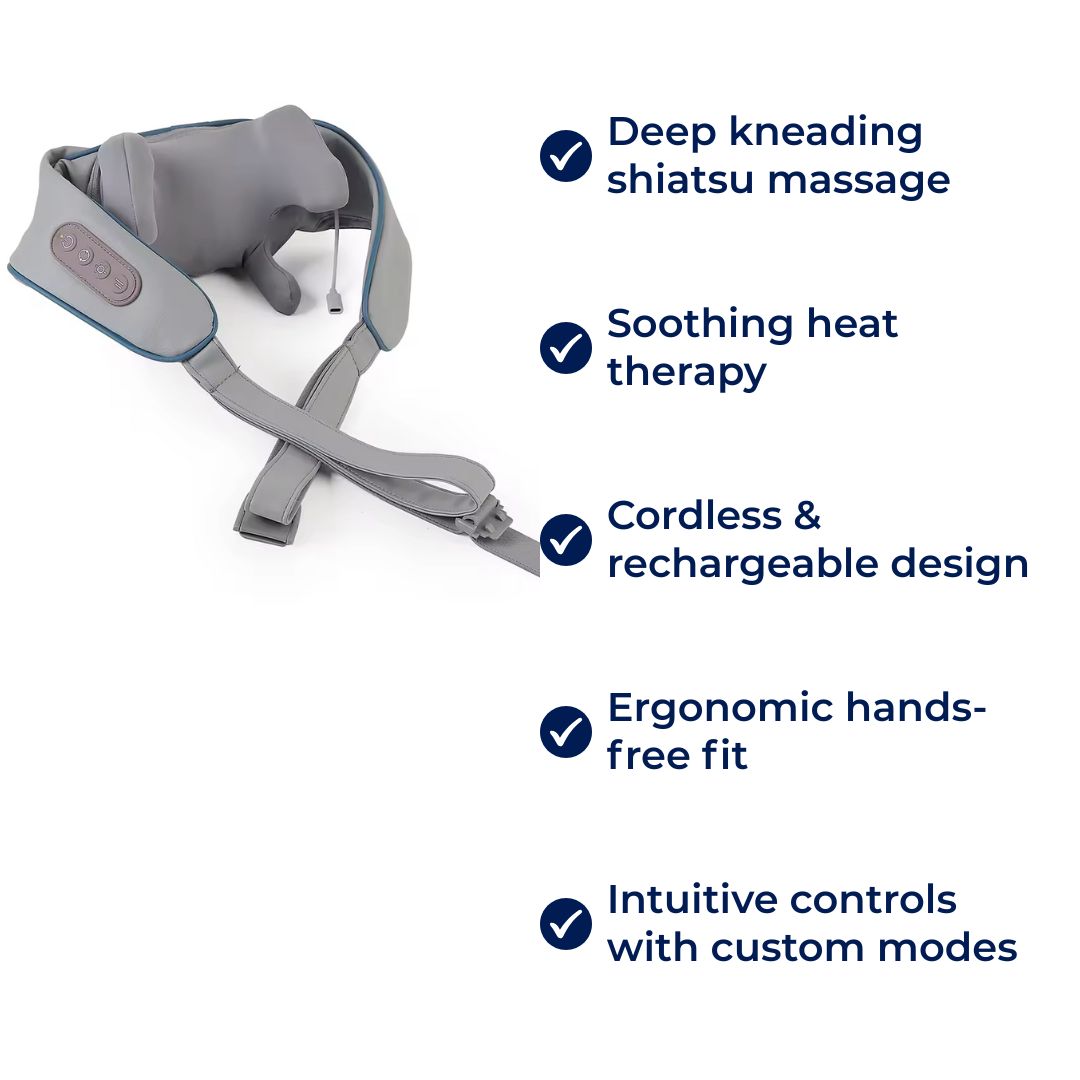 RelaxaPro | Shiatsu Neck Massager – Heated Relief – Cordless Design – Ideal for Office & Home Use Bowlift