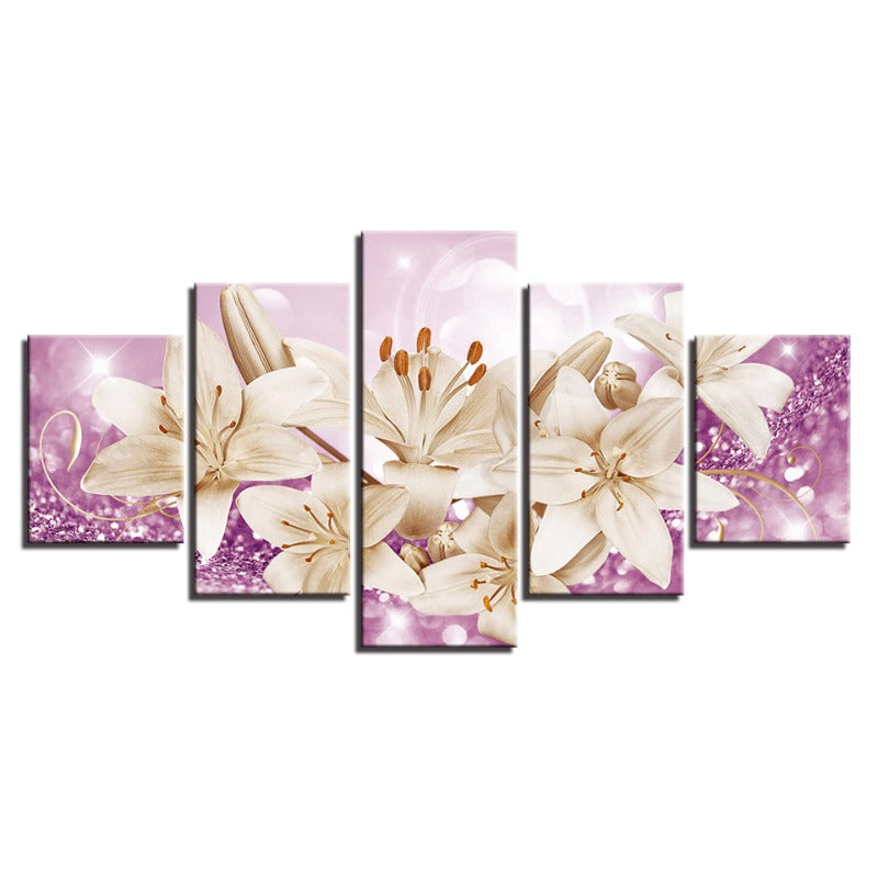 5 Piece Purple Background Rustic Flower - Canvas Wall Art Painting | Bowlift