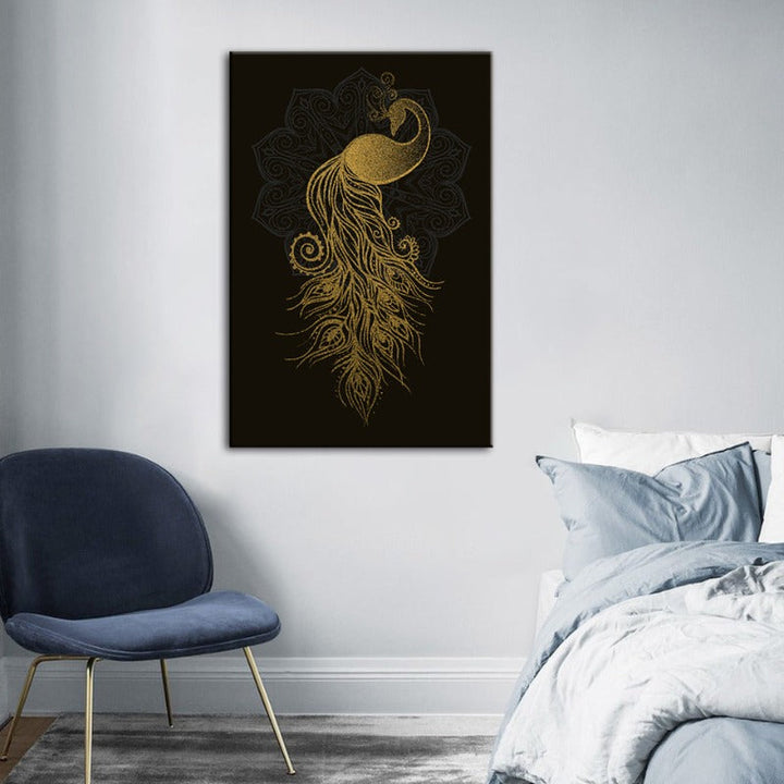 Abstract Golden Mandala Peacock - Canvas Wall Art Painting | Bowlift
