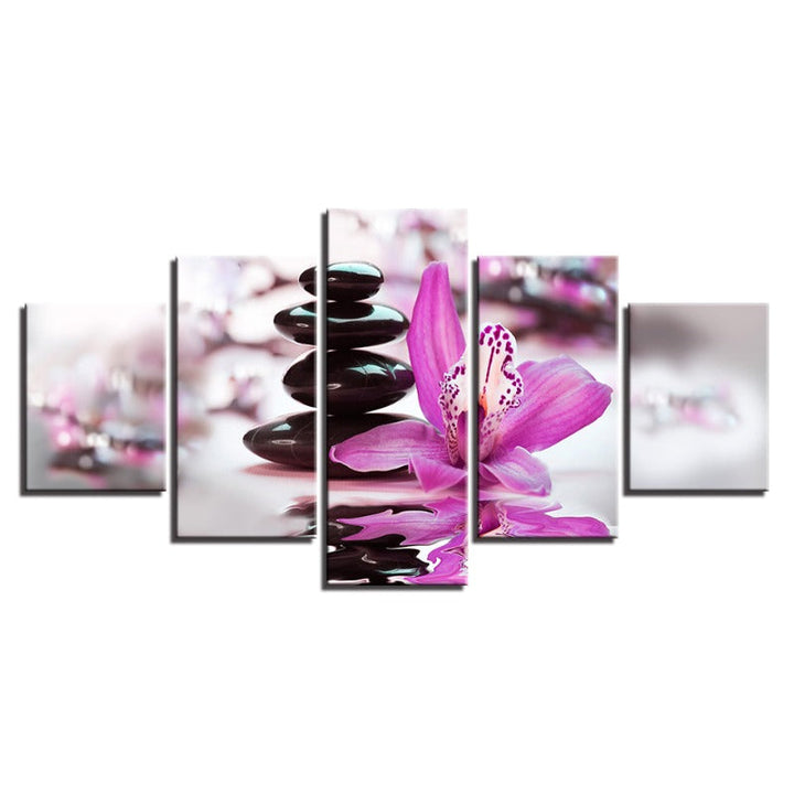 5 Piece Black Pebbles With Purple Flower - Canvas Wall Art Painting | Bowlift