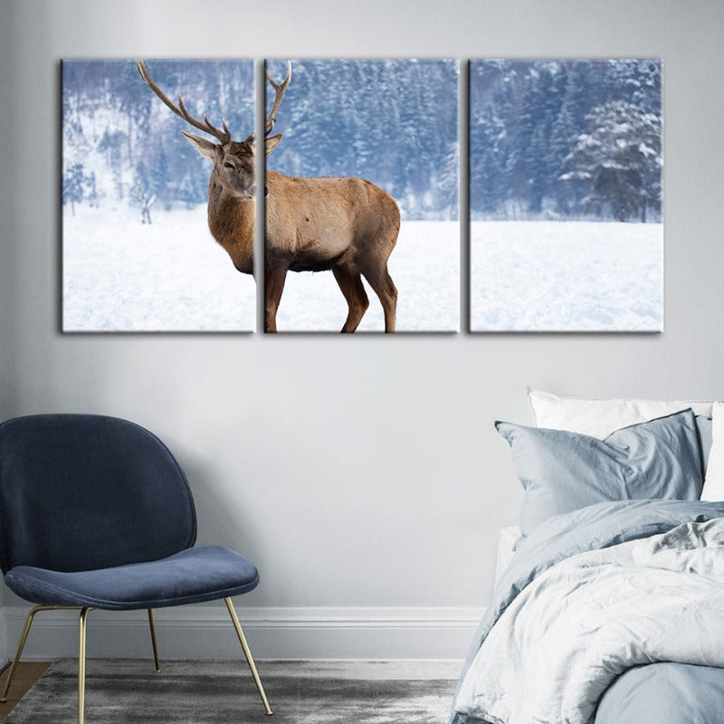 Snowy Landscape Deer-Canvas Wall Art Painting 3 Pieces | Bowlift