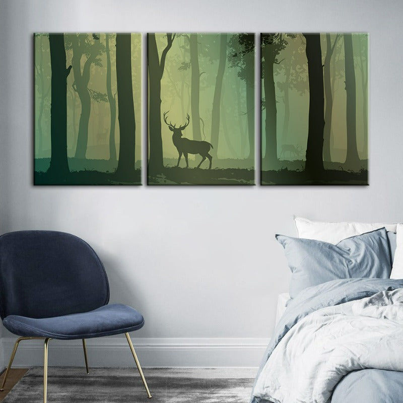 Enchanted Green Toned Silhouetted Deer-Canvas Wall Art Painting 3 Pieces | Bowlift