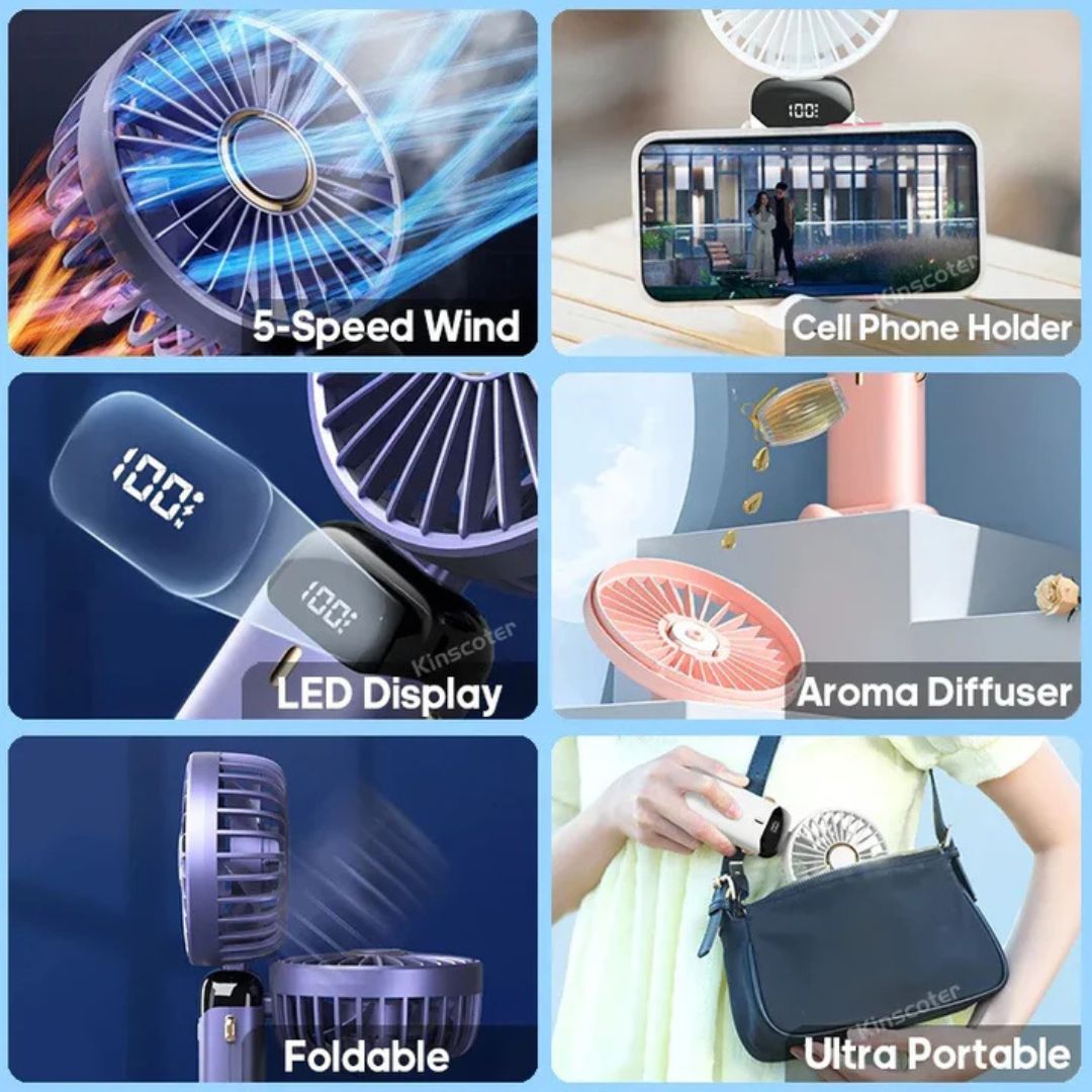 Rechargeable Handheld Mini Fan | 5-Speed, 90-Degree Adjustable & Quiet for Office, Home & Outdoor Use | Bowlift