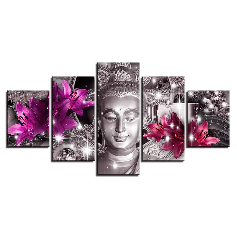 5 Piece Buddha With Purple & Pink Tulip Flower - Canvas Wall Art Painting | Bowlift