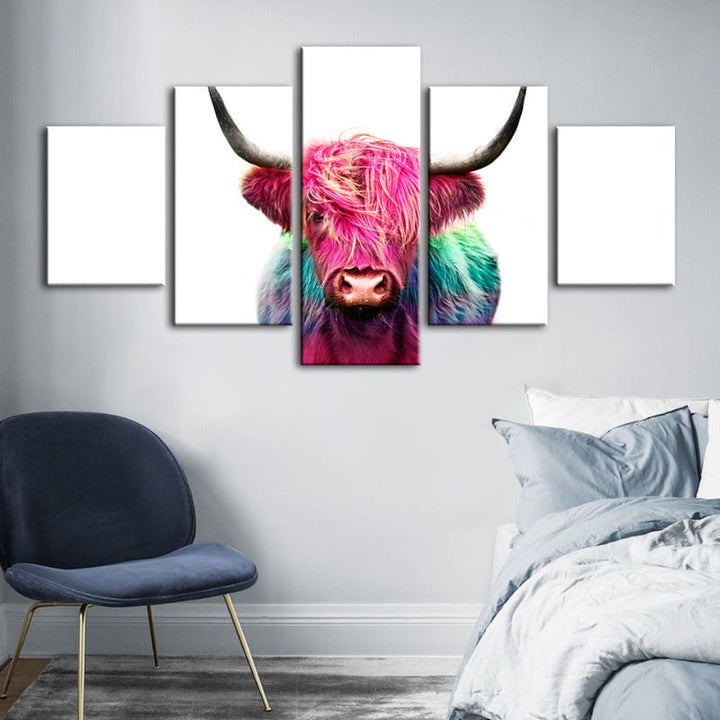 5 Piece Colorful Pink Cow - Canvas Wall Art Painting | Bowlift