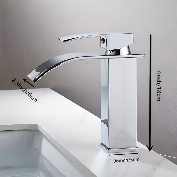 Sink faucet made of stainless steel – waterfall spout with hot and cold water | single hole mixer tap in Bowliftack for bathroom | Bowlift