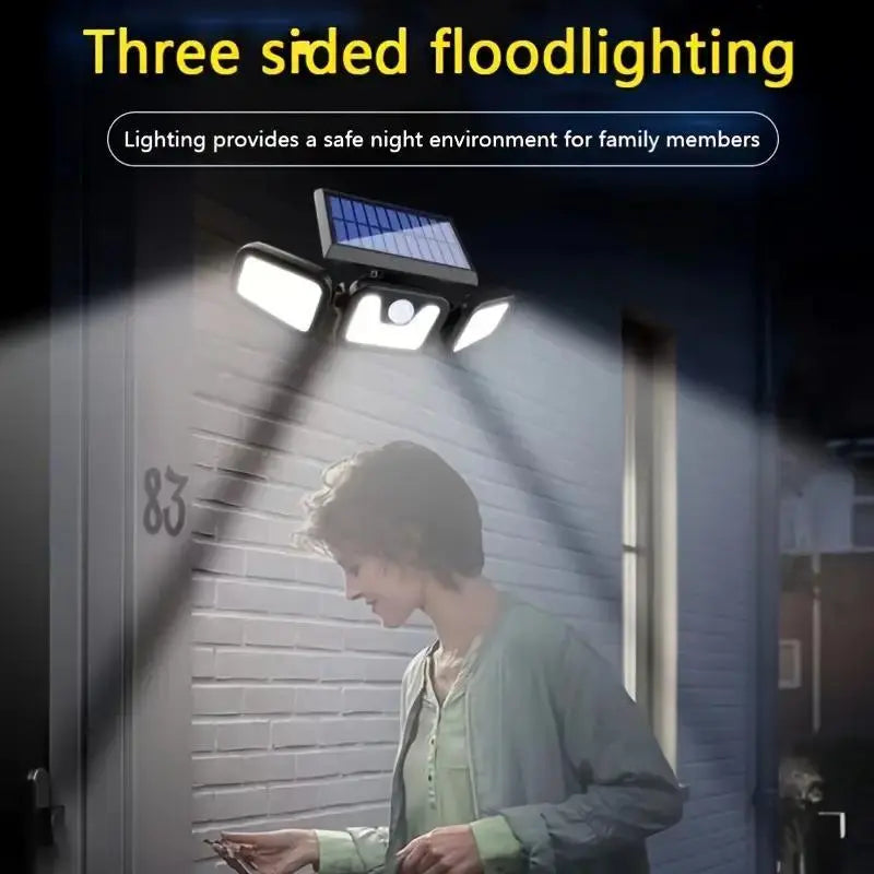BowLift | Solar LED floodlight with motion sensor – 3-beam outdoor lighting for garden, yard, and garage