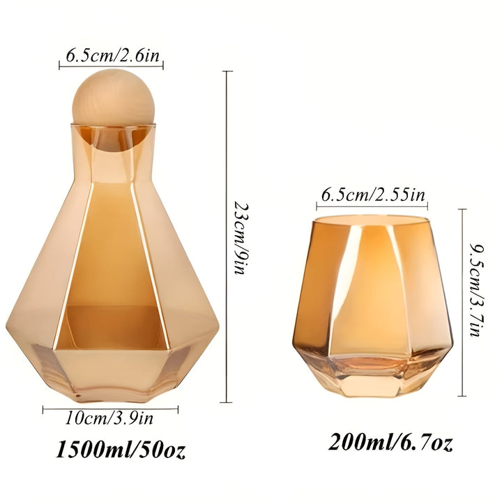 Diamond glass carafe set with 4 glasses – modern and decorative | 5-piece set with lids for water, juice, and wine | Bowlift