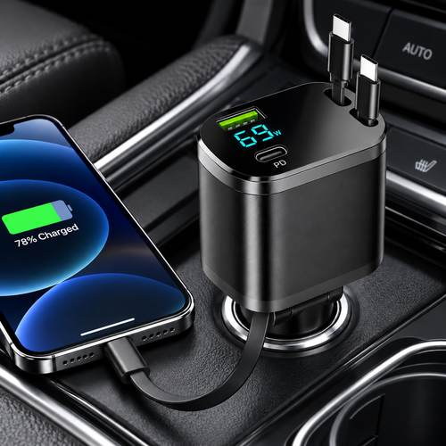 High-Power Fast Car Charger with Dual USB-C PD Ports and LED Voltage Display Bowlift