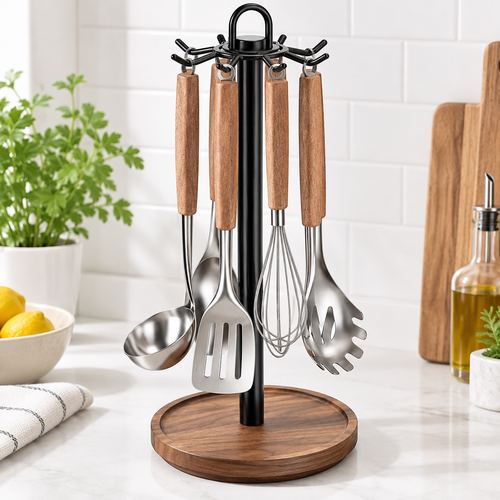 Rotating Walnut Base Tabletop Utensil Organizer Stand Bowlift
