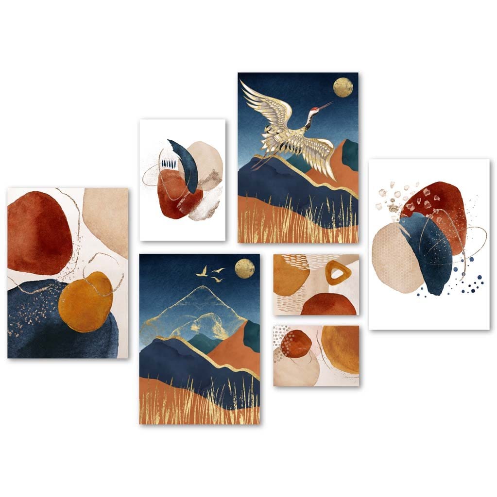Abstract blue, orange and gold Japanese crane gallery wall art prints | Bowlift
