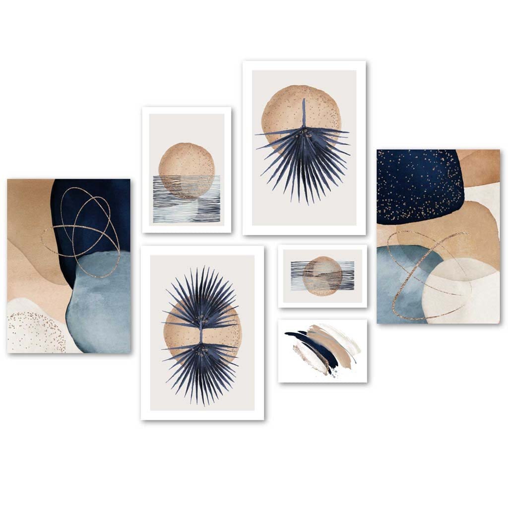 Abstract Blue, Beige and Gold Gallery Wall Art Prints | Bowlift