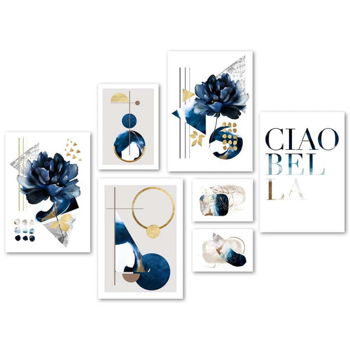 Abstract Marine Blue and Gold Color Botanical Art Gallery Wall | Bowlift
