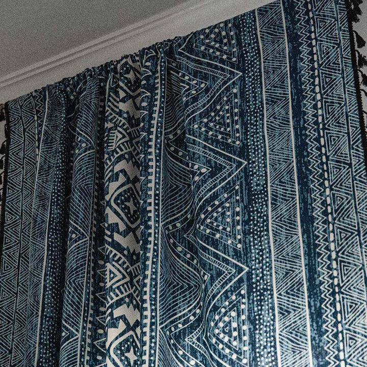 BowLift | Blue geometric pattern light-filtering curtain