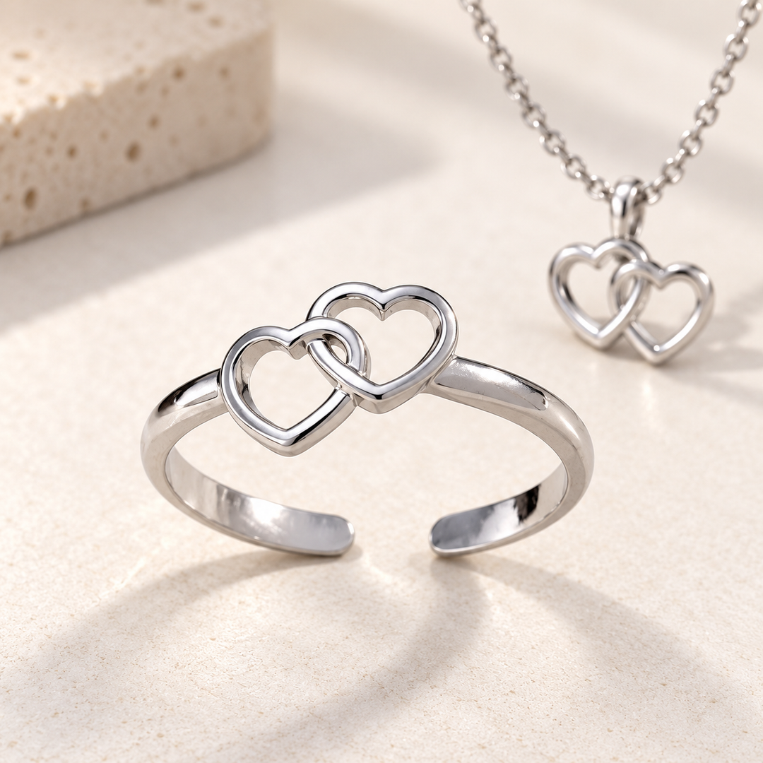 Adjustable Stainless Steel Double Heart Open Ring Bowlift