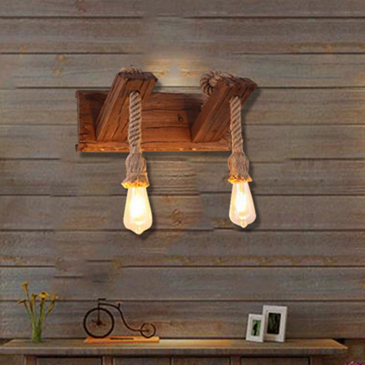 BowLift | Wood Exposed Bulb Wall Lighting Industrial Style Rope 1/2 Light Bedroom Wall Lamp