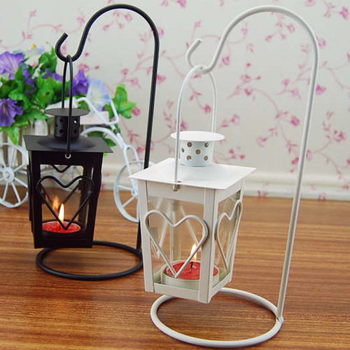 Decorative Hanging Heart-Window Metal Tea Light Lantern with Curved Display Stand Bowlift