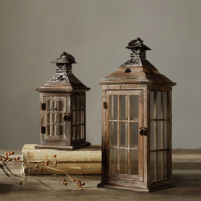 Rustic Distressed Wood Windowpane Glass Candle Lantern Set with Ornate Metal Roof Bowlift
