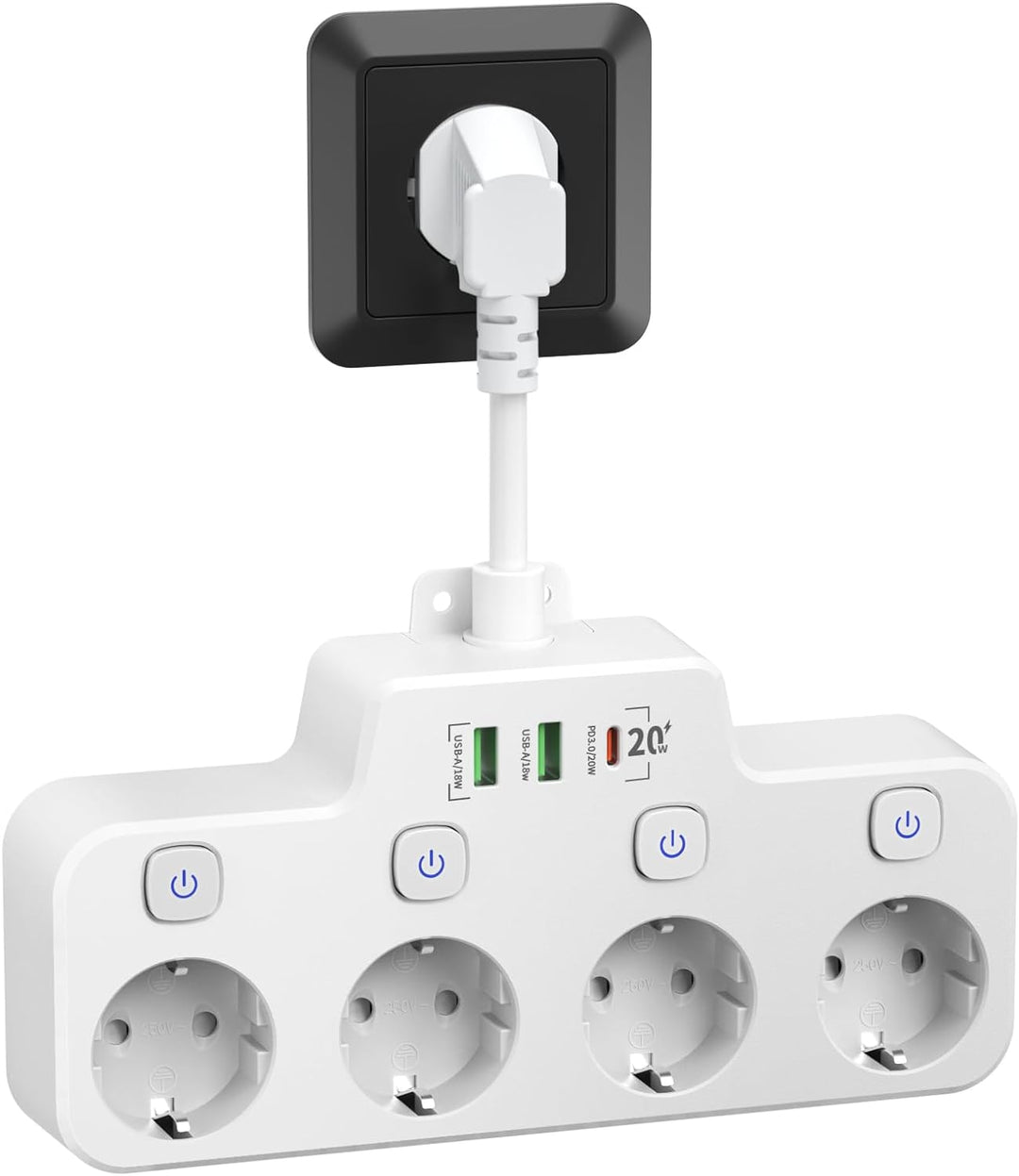 BowLift | Swivel Wall-Mounted Power Strip with Independent Switches – 3 Outlets + 2 USB-A + 1 USB-C Ports