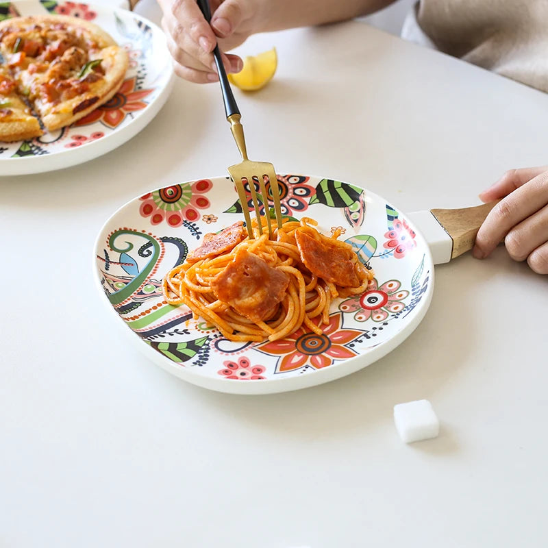 BowLift | Elegant Nordic Ceramic Dinner Plates with Wooden Handle
