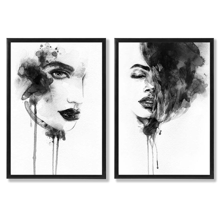 Black-and-white fashion illustrations framed set of 2 art prints | Bowlift