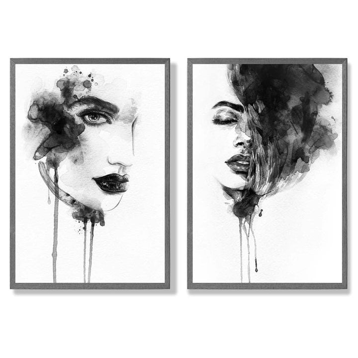 Black-and-white fashion illustrations framed set of 2 art prints | Bowlift
