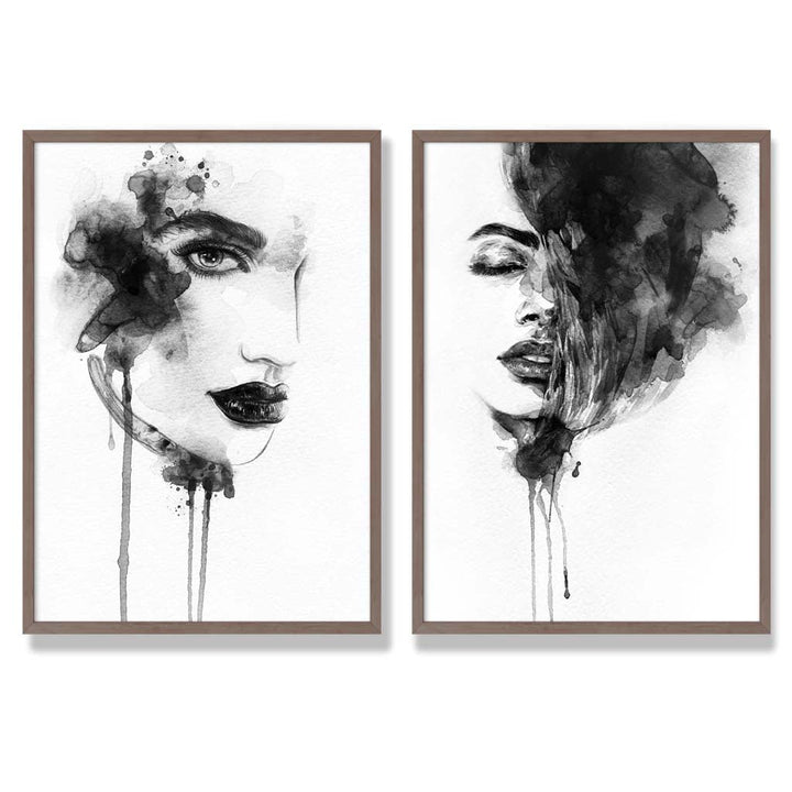 Black-and-white fashion illustrations framed set of 2 art prints | Bowlift