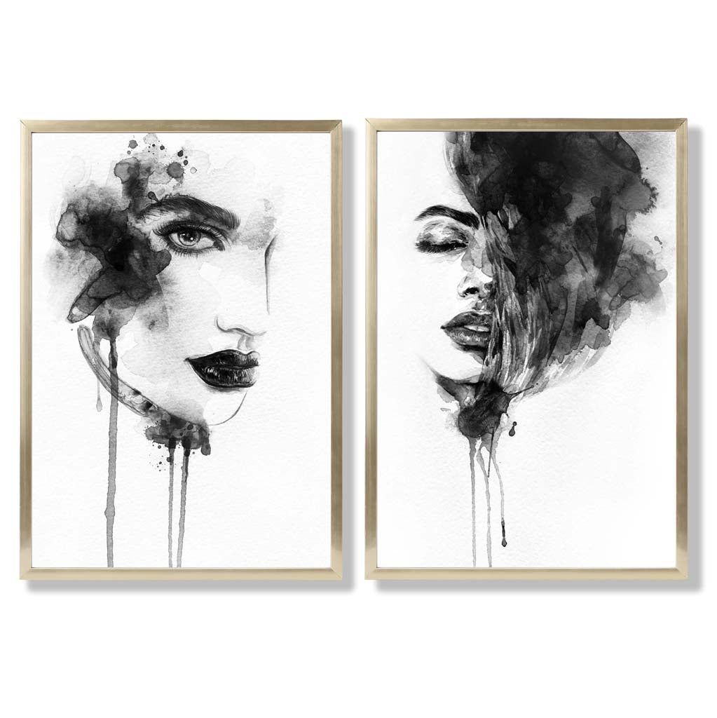 Black-and-white fashion illustrations framed set of 2 art prints | Bowlift
