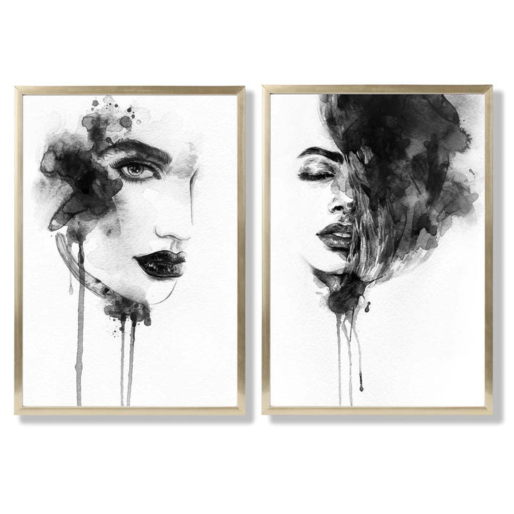 Black-and-white fashion illustrations framed set of 2 art prints | Bowlift