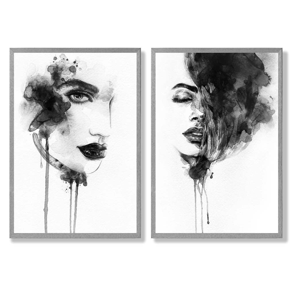 Black-and-white fashion illustrations framed set of 2 art prints | Bowlift