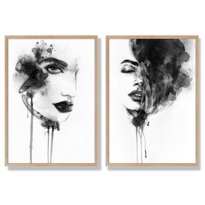 Black-and-white fashion illustrations framed set of 2 art prints | Bowlift
