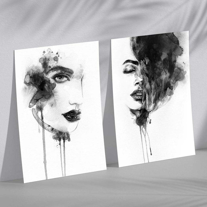 Black-and-white fashion illustrations framed set of 2 art prints | Bowlift