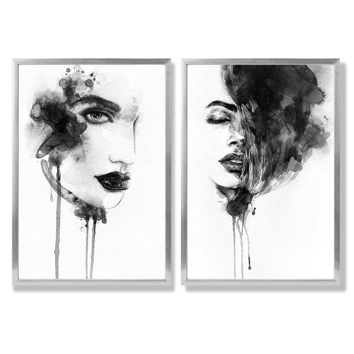 Black-and-white fashion illustrations framed set of 2 art prints | Bowlift